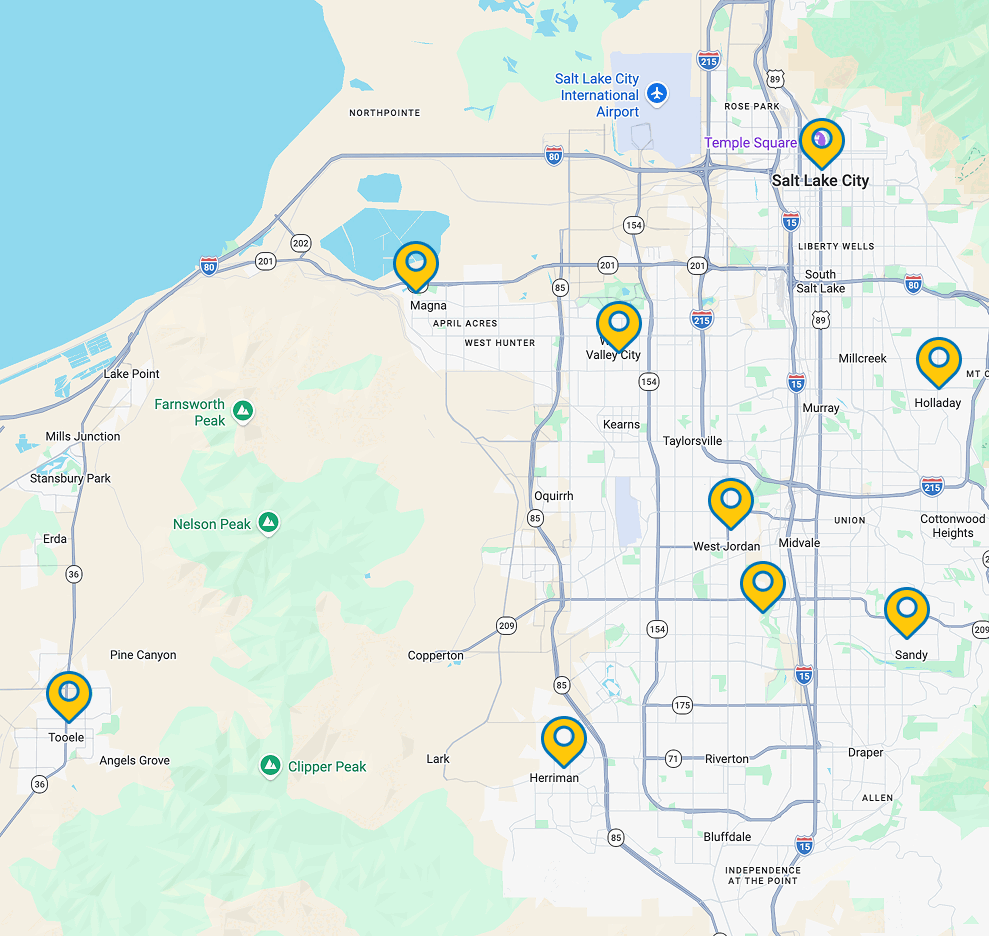 Map of Heavenly Heating and Cooling service areas across Salt Lake County and the Wasatch Front
